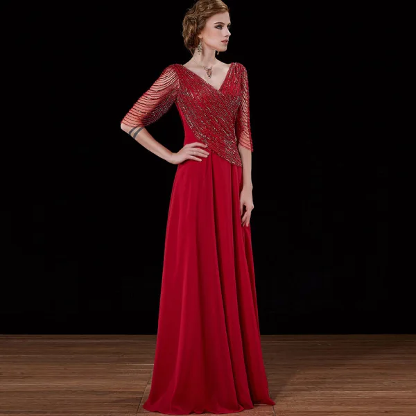 Luxury / Gorgeous Burgundy Handmade Beading Evening Dresses 2019 A-Line / Princess Sequins V-Neck Backless 3/4 Sleeve Floor-Length / Long Formal Dresses