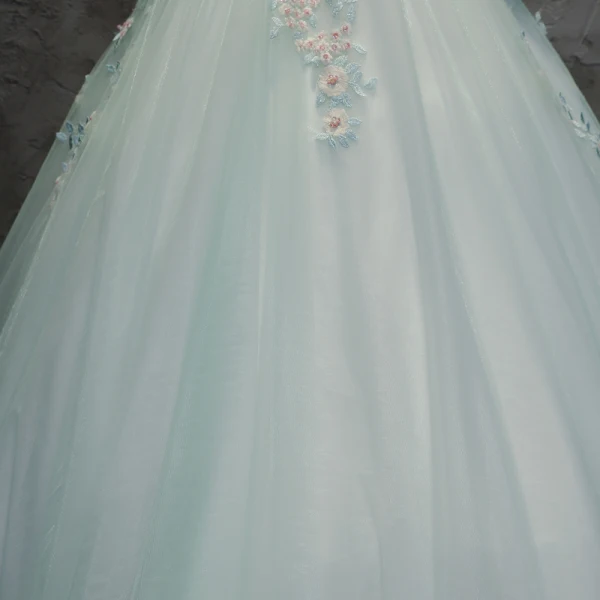 Schöne Himmelblau Ballkleider 2019 Ballkleid Spitze Perle Pailletten Rundhalsausschnitt Rückenfreies Kurze Ärmel Lange Festliche Kleider