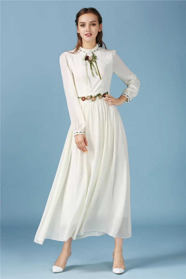 Modern / Fashion Beige Dating Maxi Dresses 2019 A-Line / Princess Embroidered Scoop Neck Long Sleeve Tea-length Womens Clothing