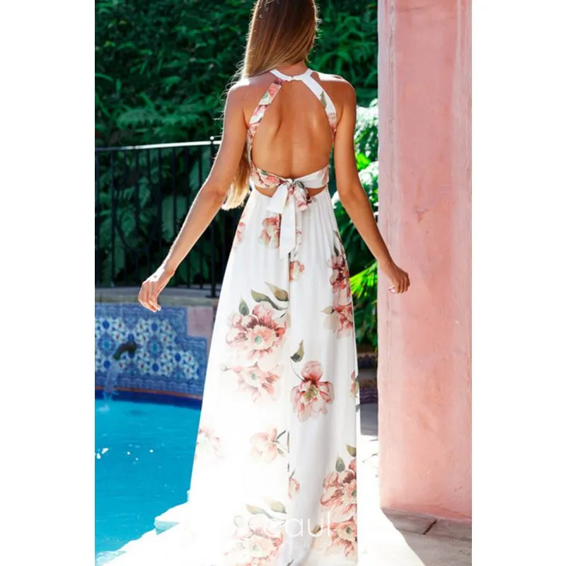 Chic Beautiful Ivory Spring Beach Maxi Dresses 2019 Printing Halter Backless Sleeveless Split Front Ankle Length