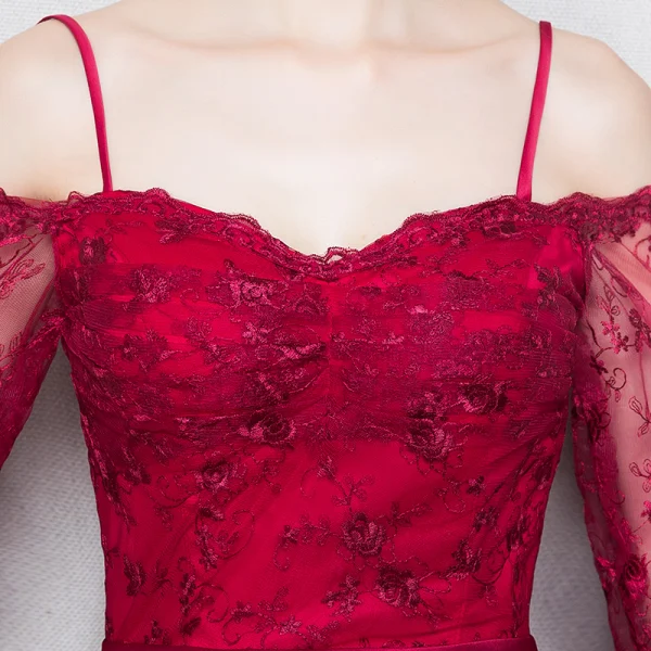 Chic / Belle Bordeaux Robe De Soirée 2018 Princesse En Dentelle Fleur Bretelles Spaghetti Dos Nu 3/4 Manches Asymétrique Robe De Ceremonie