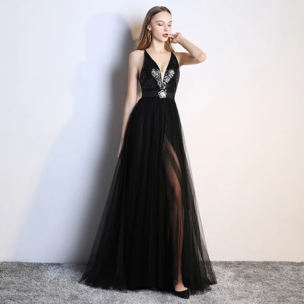 Sexy Black Evening Dresses 2019 A-Line / Princess Rhinestone Sequins V-Neck Sleeveless Plunging Cross-Back Backless Floor-Length / Long Formal Dresses