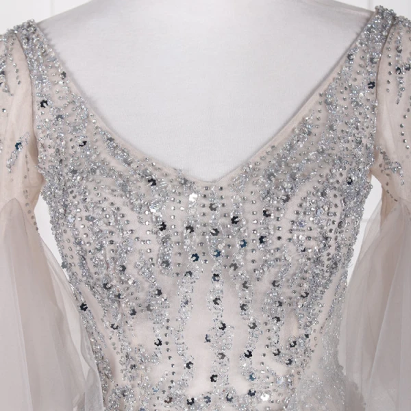 Modern / Fashion Grey Handmade Beading Evening Dresses 2019 A-Line / Princess Rhinestone Sequins V-Neck Bell sleeves Backless Floor-Length / Long Formal Dresses