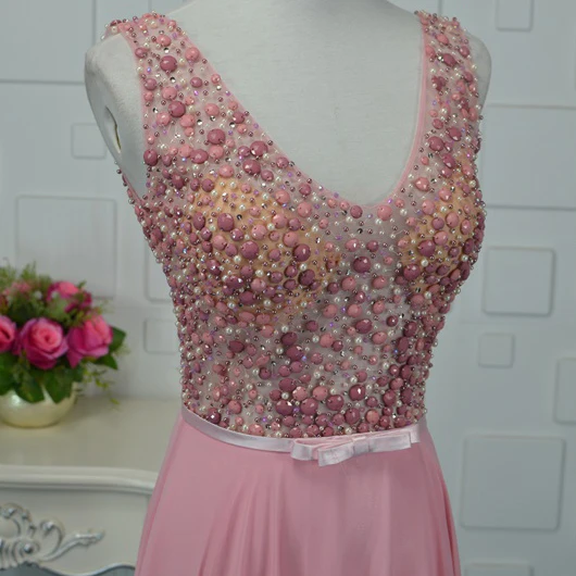 Moderne / Mode Rose Bonbon Fait main Perlage Robe De Soirée 2019 Princesse Cristal Perle Paillettes V-Cou Sans Manches Dos Nu Longue Robe De Ceremonie