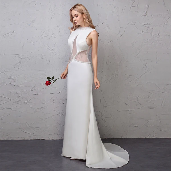 Chic / Beautiful Ivory Evening Dresses  2019 Trumpet / Mermaid See-through Handmade  Beading Tassel Scoop Neck Sleeveless Sweep Train Formal Dresses