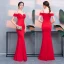Chic / Belle Rouge Robe De Soirée 2019 Trompette / Sirène Perlage Gland Fendue devant Bretelles Spaghetti Dos Nu Manches Courtes Longue Robe De Ceremonie