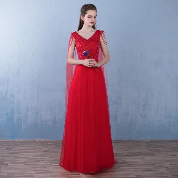Abordable Rouge Robe De Bal 2019 Princesse Perlage Noeud V-Cou Sans Manches Dos Nu Longue Robe De Ceremonie