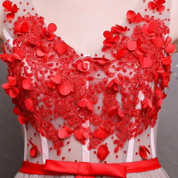 Chic / Beautiful Red Prom Dresses 2018 A-Line / Princess Appliques Crystal Bow V-Neck Backless Sleeveless Floor-Length / Long Formal Dresses