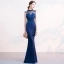 Chic / Belle Bleu Marine Robe De Soirée 2019 Trompette / Sirène Perlage Encolure Dégagée Sans Manches Longue Robe De Ceremonie