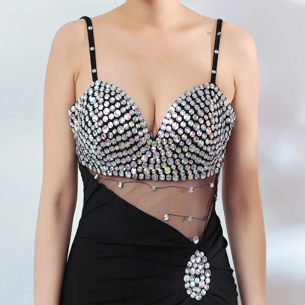 Sexy Noire Robe De Soirée 2018 Trompette / Sirène Paillettes Bretelles Spaghetti Dos Nu Sans Manches Longue Robe De Ceremonie