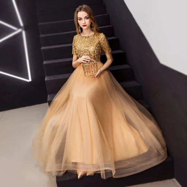 Elegant Gold Prom Dresses 2019 A-Line / Princess Scoop Neck Sequined Short Sleeve Ankle Length Formal Dresses