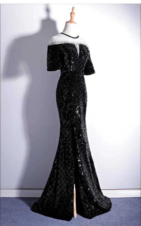 Chic / Beautiful Black Evening Dresses 2019 Trumpet / Mermaid Scoop Neck Lace Beading Sequins 1/2 Sleeves Floor-Length / Long Formal Dresses