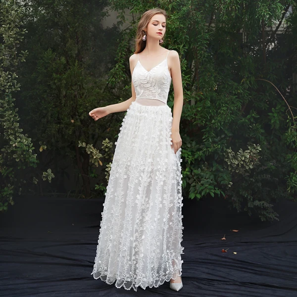 Moderne / Mode Ivoire Plage Robe De Soirée 2019 Princesse Bretelles Spaghetti Appliques Sans Manches Dos Nu Longue Robe De Ceremonie