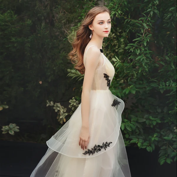 Élégant Champagne Robe De Soirée 2019 Princesse Bretelles Spaghetti En Dentelle Appliques Sans Manches Dos Nu Longueur Cheville Robe De Ceremonie