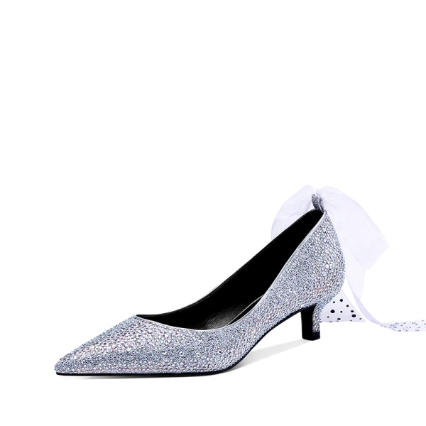 Lyx Glittrande Silver Brudskor 2019 Rosett Läder Rhinestone 9 cm Stilettklackar Spetsiga Bröllop Pumps