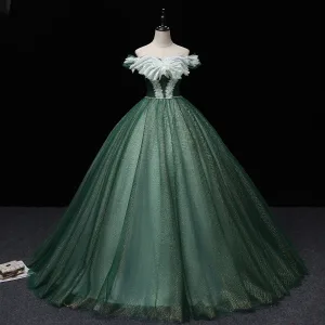 Elegant Dark Green Prom Dresses 2022 Ball Gown Off The Shoulder Short Sleeve Sequins Backless Pearl Bow Floor Length Long Formal Dresses
