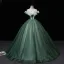 Elegant Dark Green Prom Dresses 2022 Ball Gown Off-The-Shoulder Short Sleeve Sequins Backless Pearl Bow Floor-Length / Long Formal Dresses