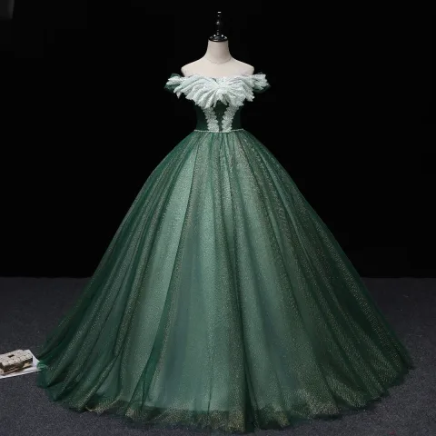 Elegant Dark Green Prom Dresses 2022 Ball Gown Off-The-Shoulder Short Sleeve Sequins Backless Pearl Bow Floor-Length / Long Formal Dresses