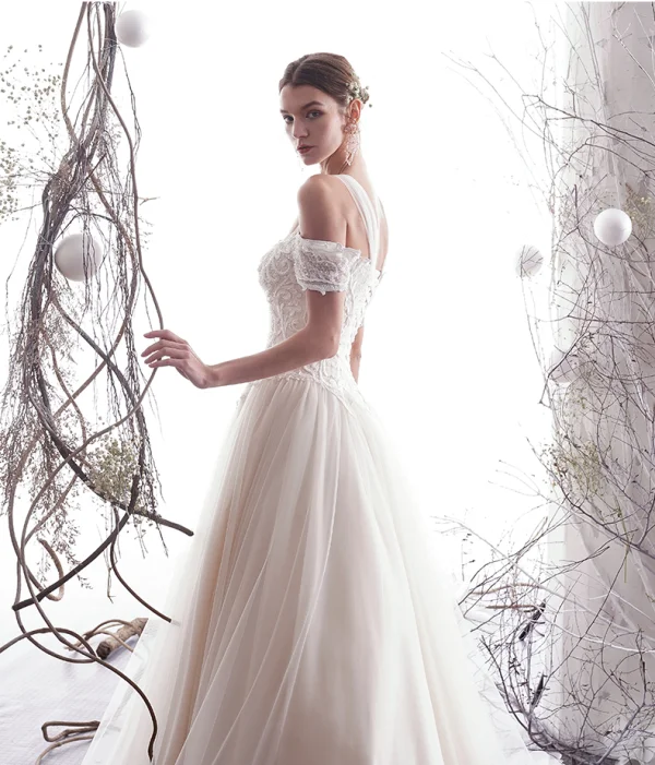 Elegant Champagne Wedding Dresses 2019 A-Line / Princess Off-The-Shoulder Beading Lace Flower Short Sleeve Backless Floor-Length / Long
