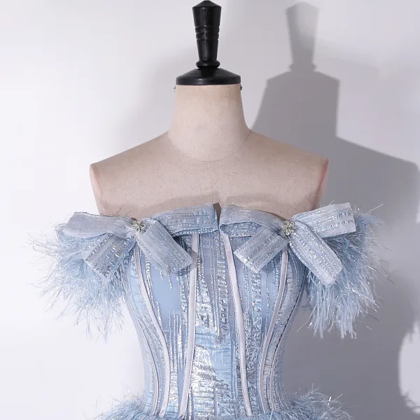 Fashion Sky Blue Tassel Rhinestone Bow Prom Dresses 2024 A-Line / Princess Strapless Sleeveless Backless Floor-Length / Long Prom Formal Dresses