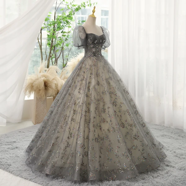Chic / Belle Gris Perlage Paillettes Robe De Bal 2023 Robe Boule Encolure Carrée Manches Courtes Dos Nu Longue Promo Robe De Ceremonie