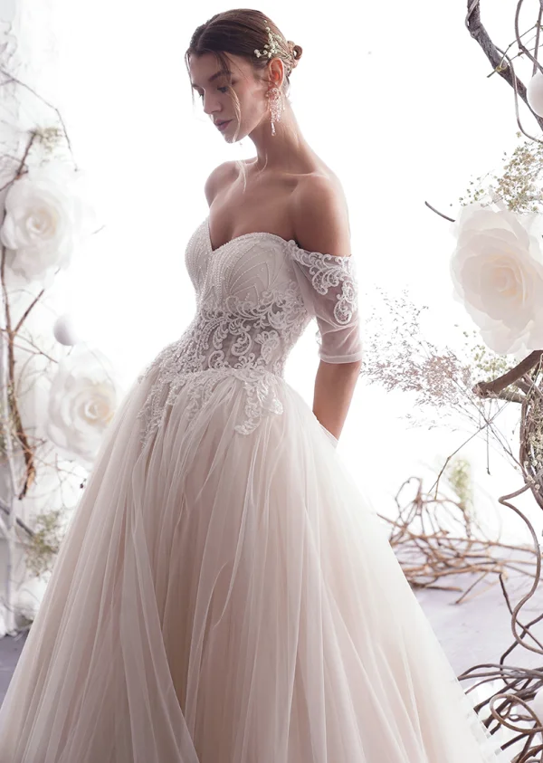 Charming Champagne Wedding Dresses 2019 A-Line / Princess Off-The-Shoulder Beading Lace Flower Short Sleeve Backless Floor-Length / Long