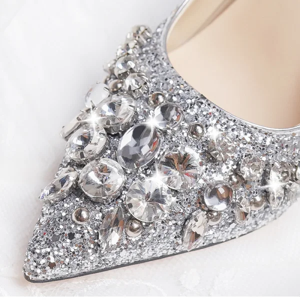 Scintillantes Argenté Chaussure De Mariée 2019 Cuir Perlage Cristal Faux Diamant Paillettes 10 cm Talons Aiguilles À Bout Rond Mariage Escarpins