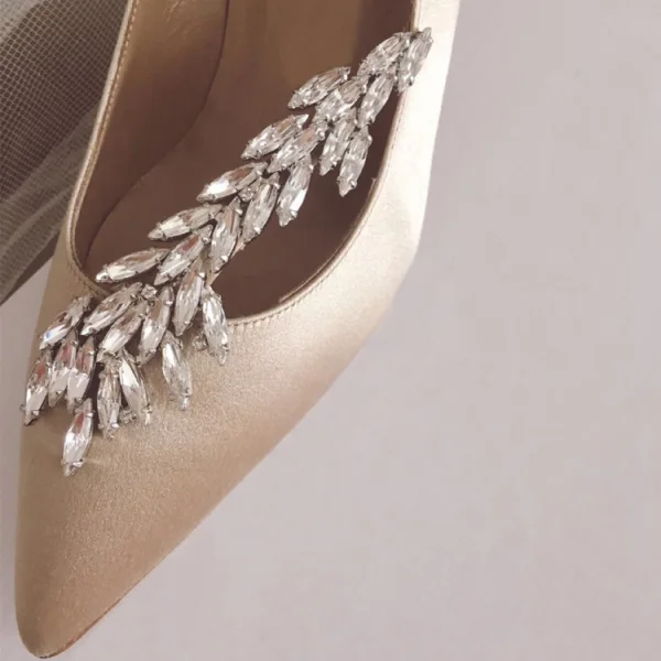 Chic / Beautiful Champagne Wedding Shoes 2019 Leather Crystal 10 cm Stiletto Heels Pointed Toe Wedding Pumps