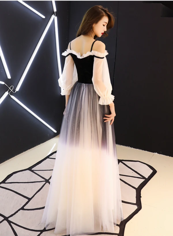 Modern / Fashion Gradient-Color Black Evening Dresses 2019 A-Line / Princess Spaghetti Straps Pleated 3/4 Sleeve Backless Floor-Length / Long Formal Dresses