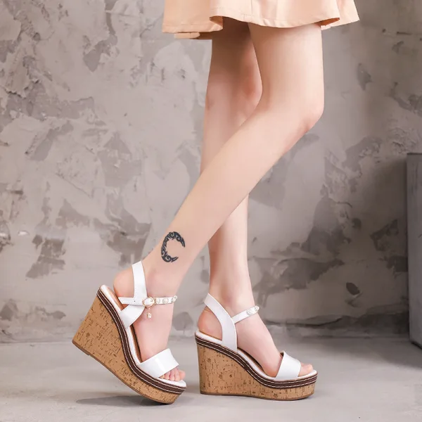 Mode Noire Vêtement de rue Perle Sandales Femme 2021 Bride Cheville 11 cm Compensées Peep Toes / Bout Ouvert Sandales Talons Hauts