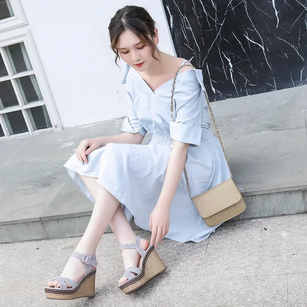 Chic / Beautiful Brown Street Wear Waterproof Womens Sandals 2021 Ankle Strap 11 cm Wedges Open / Peep Toe Sandals High Heels