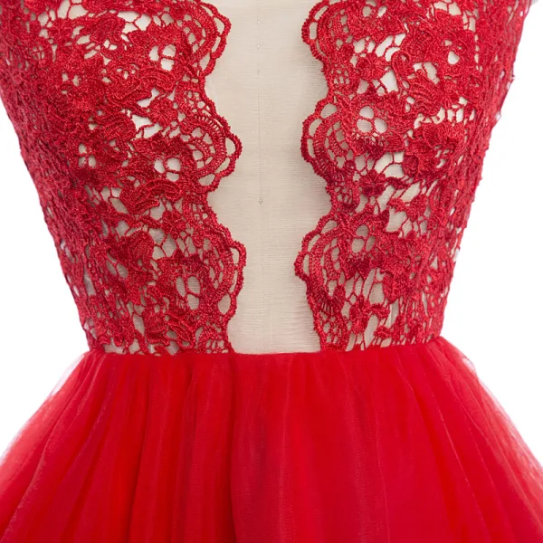 Sexy Rouge Robe De Fete 2018 Courte Encolure Dégagée En Dentelle Fleur Sans Manches Dos Nu Robe De Ceremonie