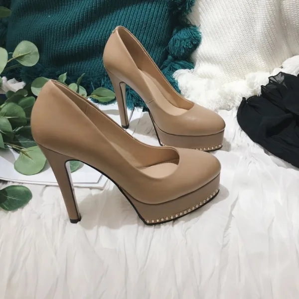 Chic / Beautiful White Evening Party Rhinestone Pumps 2021 Leather 12 cm Stiletto Heels Waterproof Pointed Toe Pumps High Heels
