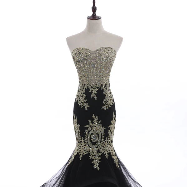 Charmant Noire Robe De Soirée 2018 Trompette / Sirène Bustier Dos Nu En Dentelle Fleur Faux Diamant Sans Manches Longue Robe De Ceremonie