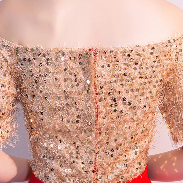 Elegante Rot Abendkleider 2019 A Linie Off Shoulder Pailletten Spitze Quaste Kurze Ärmel Rückenfreies Lange Festliche Kleider