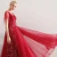 Chic / Beautiful Burgundy Evening Dresses  2019 A-Line / Princess V-Neck Lace Appliques Beading Crystal Short Sleeve Backless Floor-Length / Long Formal Dresses