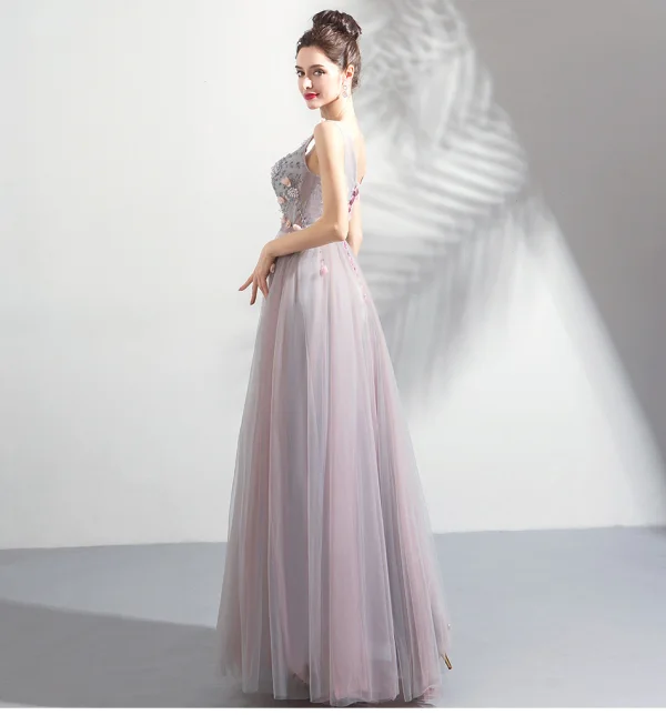 Elegant Blushing Pink Prom Dresses 2019 A-Line / Princess V-Neck Beading Pearl Crystal Appliques Sleeveless Backless Floor-Length / Long Formal Dresses