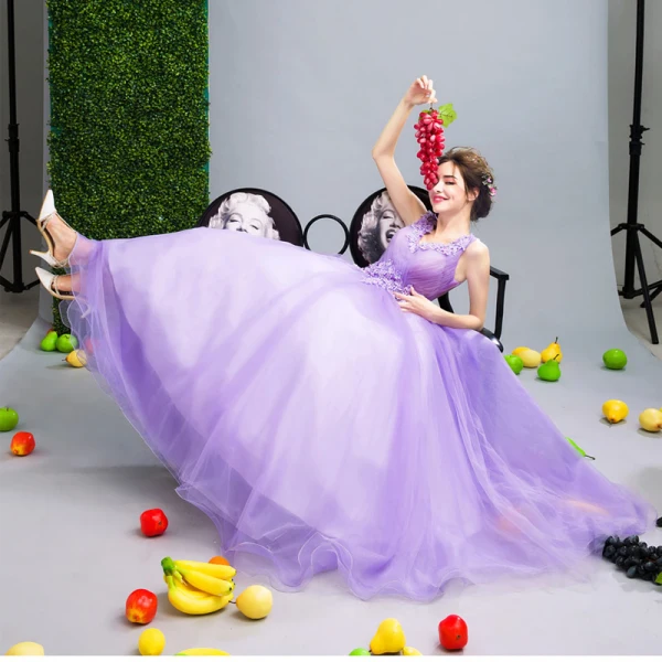 Affordable Lilac Prom Dresses 2019 A-Line / Princess V-Neck Appliques Lace Flower Beading Crystal Sleeveless Backless Floor-Length / Long Formal Dresses