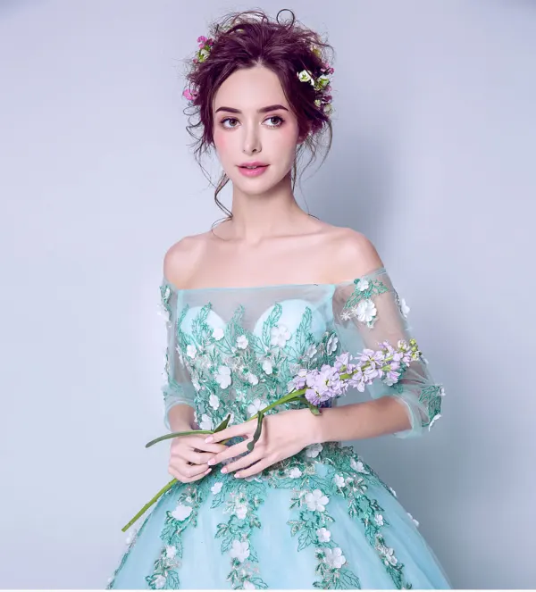 Affordable Pool Blue Prom Dresses 2019 A-Line / Princess Off-The-Shoulder Appliques Embroidered 1/2 Sleeves Backless Formal Dresses
