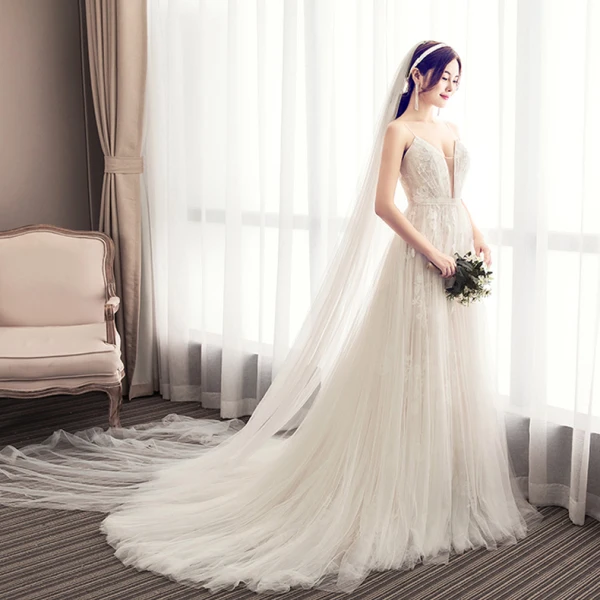 Élégant Champagne Plissée Robe De Mariée 2019 Princesse Bretelles Spaghetti En Dentelle Fleur Sans Manches Dos Nu Tribunal Train