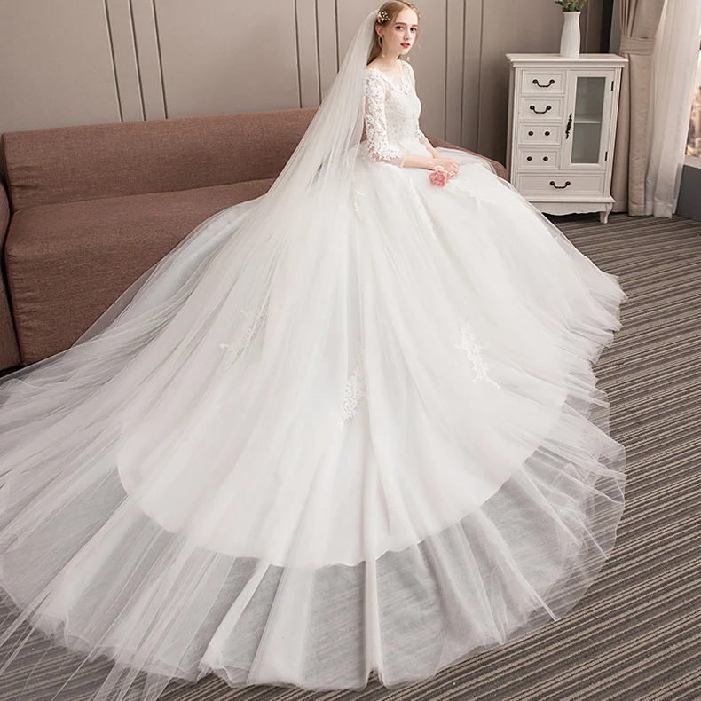 Chic Beautiful Ivory Wedding Dresses 2019 A Line Princess Scoop Neck Lace  Flower 3 4 Sleeve Backless Cathedral Train