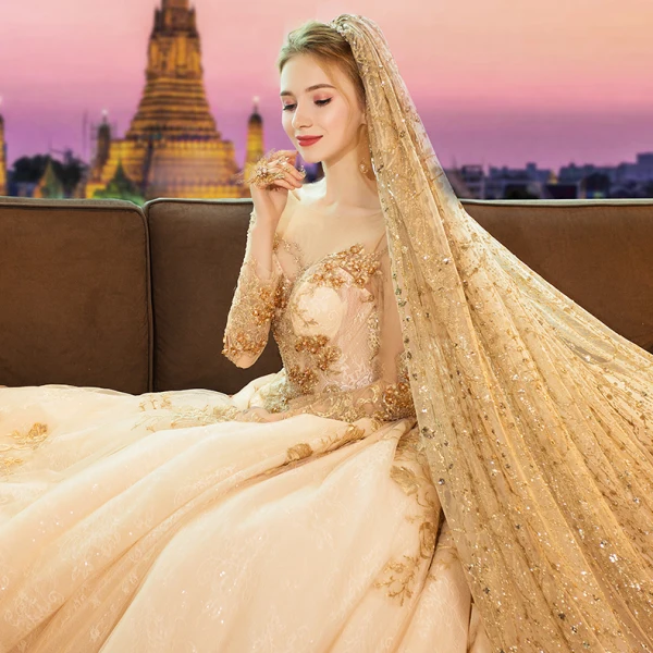 Luxury / Gorgeous Gold 2019 Wedding Dresses A-Line / Princess Scoop Neck Beading Crystal Lace Flower Sequins Long Sleeve Backless Royal Train