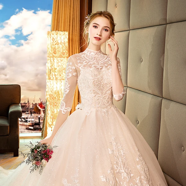 Eleganckie Szampan Suknie Ślubne 2019 Princessa Wysokiej Szyi Z Koronki Kwiat 1/2 Rękawy Bez Pleców Trenem Katedra