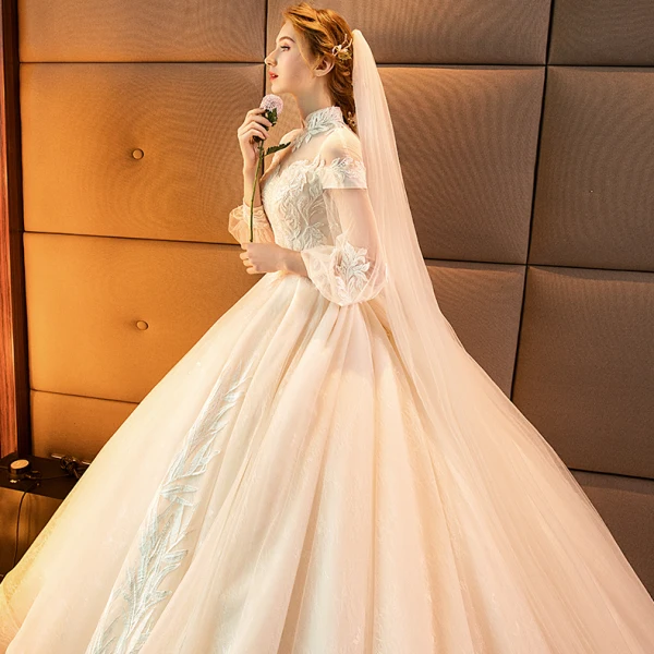 Luxus / Herrlich Champagner Brautkleider / Hochzeitskleider 2019 A Linie Stehkragen Spitze Blumen Lange Ärmel Rückenfreies Königliche Schleppe