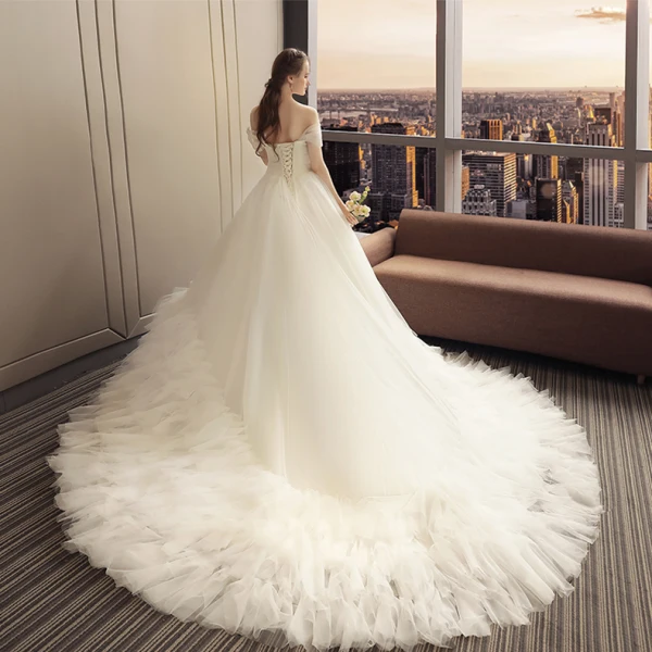 Elegant Ivory Wedding Dresses 2019 A-Line / Princess Sleeveless Leaf Appliques Off-The-Shoulder Backless Ruffle Cathedral Train Wedding