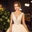 Elegant Champagne Wedding Dresses 2019 Ball Gown Scoop Neck Beading Sequins Lace Flower Sleeveless Backless Floor-Length / Long