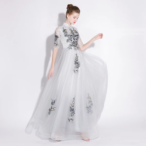 Chic / Beautiful Grey Evening Dresses 2018 A-Line / Princess Lace Appliques High Neck 1/2 Sleeves Floor-Length / Long Formal Dresses
