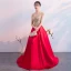 Charming Burgundy Evening Dresses  2019 A-Line / Princess V-Neck Lace Flower Rhinestone Short Sleeve Backless Floor-Length / Long Formal Dresses