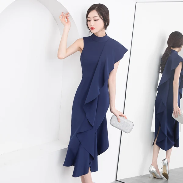 Modern / Fashion Modest / Simple Navy Blue Evening Dresses 2019 Trumpet / Mermaid Scoop Neck Sleeveless Tea-length Formal Dresses