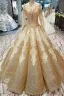 Luxe Doré Robe De Mariée 2019 Robe Boule Glitter Tulle Encolure Dégagée Perlage Cristal Gland En Dentelle Fleur Manches Longues Dos Nu Royal Train